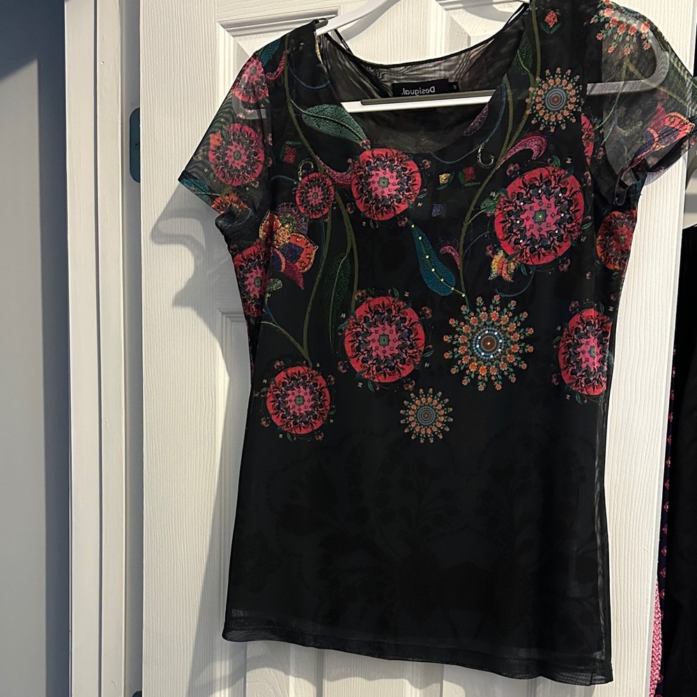 Desigual Black Top with Pink and Green Floral Design